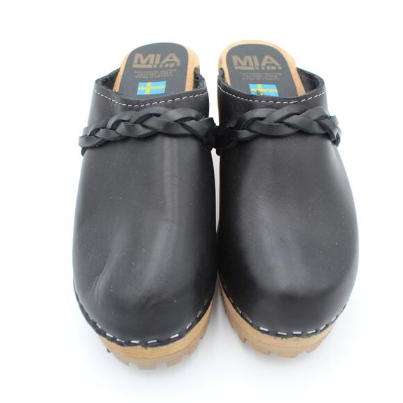 MIA Swedish Clogs 37 Womens 7 Black Leather Braided Wooden Heel Comfort Shoe - Picture 3 of 9